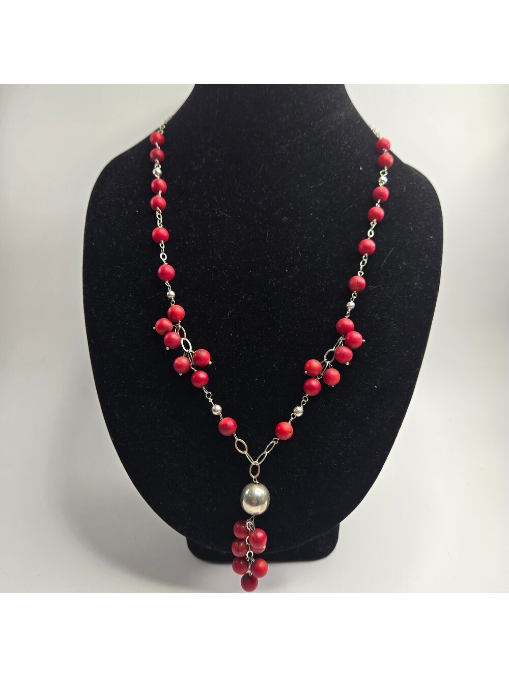 Sterling Silver Dyed Coral Bead Y Drop Necklace Red Artisan Vintage Boho Dangle